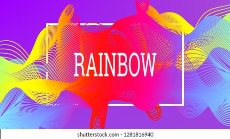 Rainbow fluid background. Iridescent modern design. Music multicolor poster. Rainbow stripe Wave liquid pattern. Organic gradient shape. Summer vivid colors frame design. Rainbow amplitude background.