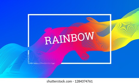 Rainbow fluid background. Iridescent modern design. Music multicolor poster. Rainbow stripe Wave liquid pattern. Organic gradient shape. Summer vivid colors frame design. Rainbow amplitude background.