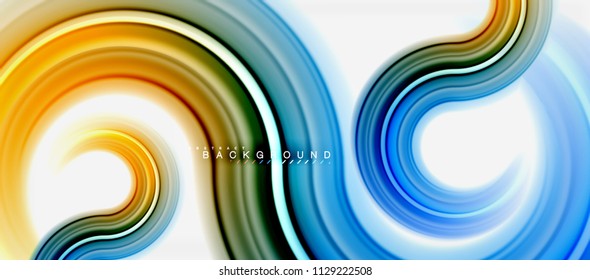 Abstrakter Hintergrund mit abstrakter Regenbogenflüssigkeit - wirbelnde und runde Bereiche, Design von verdrillten flüssigen Farben, bunter Marmor- oder Kunststoffhintergrund, mehrfarbige Vorlage für Unternehmen oder Technologien
