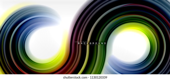 Fondo abstracto de la línea de color del fluido arcoiris - giratorio y círculos, diseño de colores líquidos retorcidos, fondo de textura ondulada de mármol colorido o plástico, plantilla multicolor para empresas o tecnología
