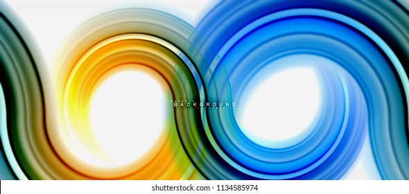 Fondo abstracto de la línea de color del fluido arcoiris - giratorio y círculos, diseño de colores líquidos retorcidos, fondo de textura ondulada de mármol colorido o plástico, plantilla multicolor para empresas o tecnología