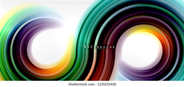 Abstrakter Hintergrund mit abstrakter Regenbogenflüssigkeit - wirbelnde und runde Bereiche, Design von verdrillten flüssigen Farben, bunter Marmor- oder Kunststoffhintergrund, mehrfarbige Vorlage für Unternehmen oder Technologien