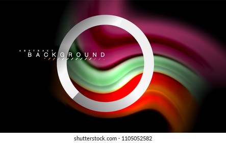 Colores del fluido arcoiris ondulados y forma geométrica metálica. Ilustración artística para presentación, fondo de pantalla de aplicación, pancarta o afiche