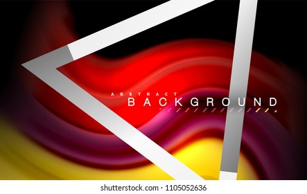 Colores del fluido arcoiris ondulados y forma geométrica metálica. Ilustración artística para presentación, fondo de pantalla de aplicación, pancarta o afiche