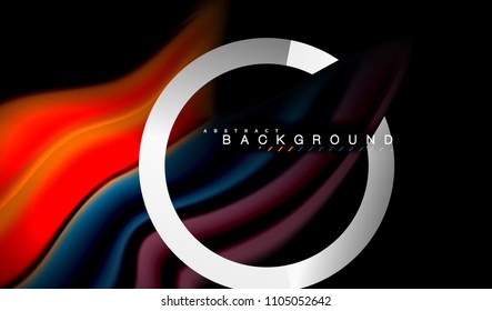 Colores del fluido arcoiris ondulados y forma geométrica metálica. Ilustración artística para presentación, fondo de pantalla de aplicación, pancarta o afiche
