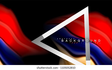 Colores del fluido arcoiris ondulados y forma geométrica metálica. Ilustración artística para presentación, fondo de pantalla de aplicación, pancarta o afiche
