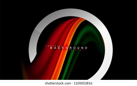 Colores del fluido arcoiris ondulados y forma geométrica metálica. Ilustración artística para presentación, fondo de pantalla de aplicación, pancarta o afiche