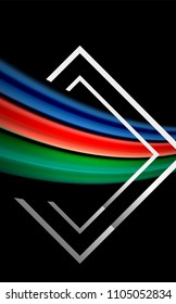 Colores del fluido arcoiris ondulados y forma geométrica metálica. Ilustración artística para presentación, fondo de pantalla de aplicación, pancarta o afiche