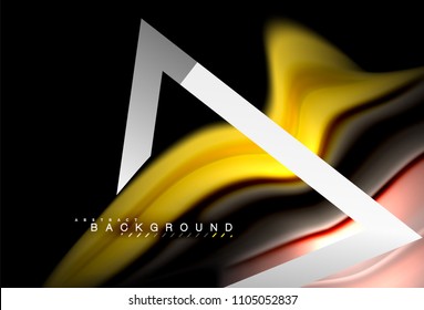 Colores del fluido arcoiris ondulados y forma geométrica metálica. Ilustración artística para presentación, fondo de pantalla de aplicación, pancarta o afiche