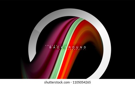 Colores del fluido arcoiris ondulados y forma geométrica metálica. Ilustración artística para presentación, fondo de pantalla de aplicación, pancarta o afiche