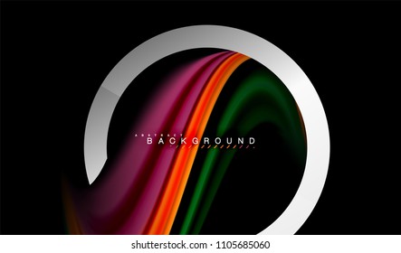 Colores del fluido arcoiris ondulados y forma geométrica metálica. Ilustración artística para presentación, fondo de pantalla de aplicación, pancarta o afiche