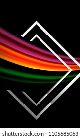 Colores del fluido arcoiris ondulados y forma geométrica metálica. Ilustración artística para presentación, fondo de pantalla de aplicación, pancarta o afiche