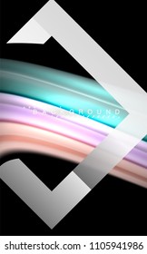 Colores del fluido arcoiris ondulados y forma geométrica metálica. Ilustración artística para presentación, fondo de pantalla de aplicación, pancarta o afiche