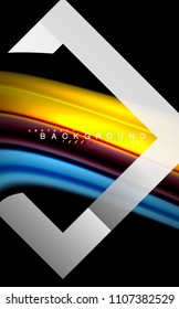 Colores del fluido arcoiris ondulados y forma geométrica metálica. Ilustración artística para presentación, fondo de pantalla de aplicación, pancarta o afiche