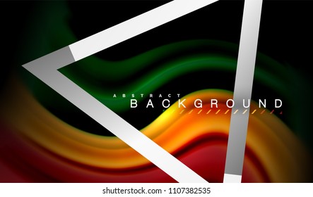 Rainbow fluid colors wave and metallic geometric shape. Artistic illustration for presentation, app wallpaper, banner or poster