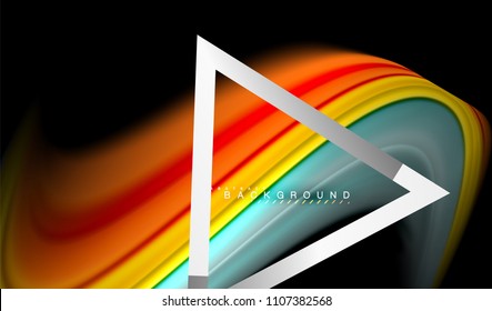 Colores del fluido arcoiris ondulados y forma geométrica metálica. Ilustración artística para presentación, fondo de pantalla de aplicación, pancarta o afiche