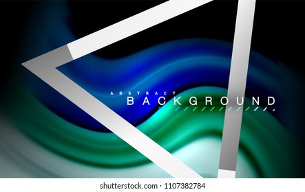 Colores del fluido arcoiris ondulados y forma geométrica metálica. Ilustración artística para presentación, fondo de pantalla de aplicación, pancarta o afiche