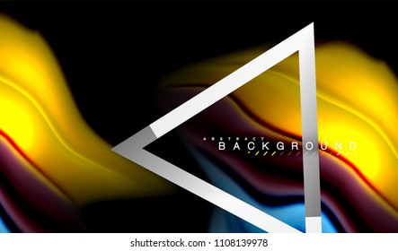 Colores del fluido arcoiris ondulados y forma geométrica metálica. Ilustración artística para presentación, fondo de pantalla de aplicación, pancarta o afiche