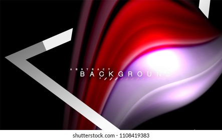 Cores fluidas do arco-íris ondulam e forma geométrica metálica. Ilustração artística para apresentação, papel de parede do aplicativo, banner ou cartaz