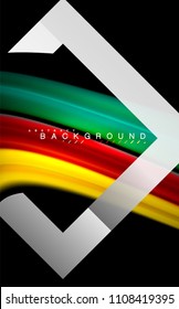 Colores del fluido arcoiris ondulados y forma geométrica metálica. Ilustración artística para presentación, fondo de pantalla de aplicación, pancarta o afiche