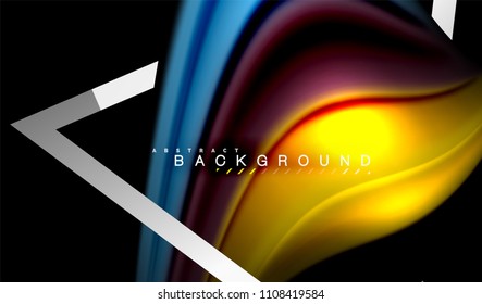 Colores del fluido arcoiris ondulados y forma geométrica metálica. Ilustración artística para presentación, fondo de pantalla de aplicación, pancarta o afiche