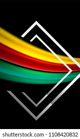 Rainbow fluid colors wave and metallic geometric shape. Artistic illustration for presentation, app wallpaper, banner or poster