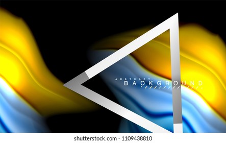 Rainbow fluid colors wave and metallic geometric shape. Artistic illustration for presentation, app wallpaper, banner or poster