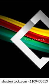 Colores del fluido arcoiris ondulados y forma geométrica metálica. Ilustración artística para presentación, fondo de pantalla de aplicación, pancarta o afiche