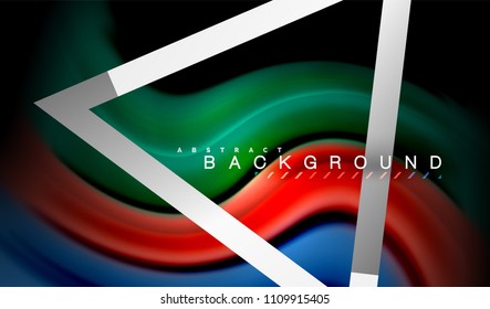Colores del fluido arcoiris ondulados y forma geométrica metálica. Ilustración artística para presentación, fondo de pantalla de aplicación, pancarta o afiche