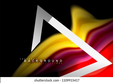 Colores del fluido arcoiris ondulados y forma geométrica metálica. Ilustración artística para presentación, fondo de pantalla de aplicación, pancarta o afiche