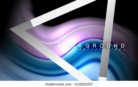 Cores fluidas do arco-íris ondulam e forma geométrica metálica. Ilustração artística para apresentação, papel de parede do aplicativo, banner ou cartaz