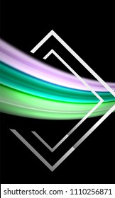 Colores del fluido arcoiris ondulados y forma geométrica metálica. Ilustración artística para presentación, fondo de pantalla de aplicación, pancarta o afiche