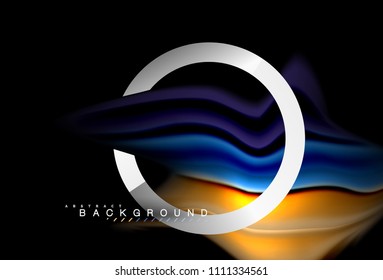Cores fluidas do arco-íris ondulam e forma geométrica metálica. Ilustração artística para apresentação, papel de parede do aplicativo, banner ou cartaz
