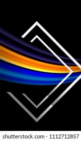 Colores del fluido arcoiris ondulados y forma geométrica metálica. Ilustración artística para presentación, fondo de pantalla de aplicación, pancarta o afiche