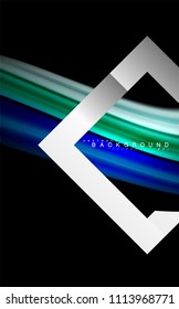 Colores del fluido arcoiris ondulados y forma geométrica metálica. Ilustración artística para presentación, fondo de pantalla de aplicación, pancarta o afiche