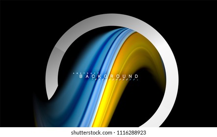 Colores del fluido arcoiris ondulados y forma geométrica metálica. Ilustración artística para presentación, fondo de pantalla de aplicación, pancarta o afiche