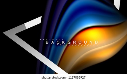 Colores del fluido arcoiris ondulados y forma geométrica metálica. Ilustración artística para presentación, fondo de pantalla de aplicación, pancarta o afiche