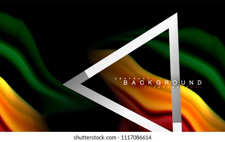 Cores fluidas do arco-íris ondulam e forma geométrica metálica. Ilustração artística para apresentação, papel de parede do aplicativo, banner ou cartaz