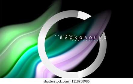 Cores fluidas do arco-íris ondulam e forma geométrica metálica. Ilustração artística para apresentação, papel de parede do aplicativo, banner ou cartaz