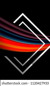 Colores del fluido arcoiris ondulados y forma geométrica metálica. Ilustración artística para presentación, fondo de pantalla de aplicación, pancarta o afiche
