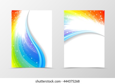 Rainbow Flyer Template Design. Abstract Flyer Template In Rainbow Color With Blue Lines And White Stars. Spectrum Flyer Design. Vector Illustration
