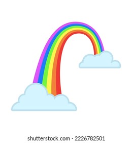Rainbow flying with clouds cartoon illustration. Childish rainbow isolated on white background. Weather, sky, patch concept