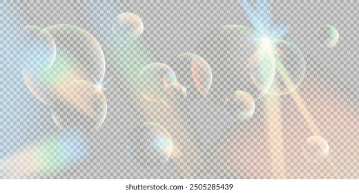 Rainbow flying soap bubbles on a transparent background with light glare . Colorful soap bubble. Reflected rainbow stripes, refraction of light, sun glare.