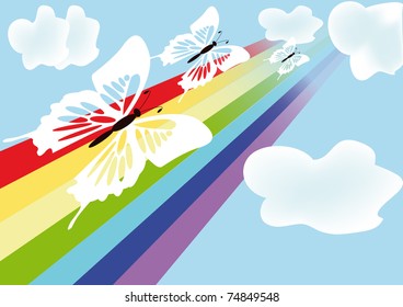 rainbow with flying white butterfly