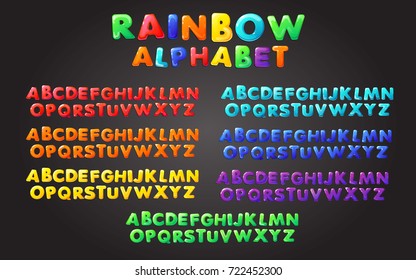 Rainbow font in the cartoon style. Set of multicolored alphabet letters perfectly combined for any word. Children's font template for banner, app, kids' illustration, header. Vector illustration
