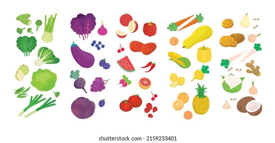 Rainbow food graph. Yellow, green, white, purple and red fruits and vegetables. Isometric vector illustration in flat design. Diet, nutritional, infographic. Chart, diagram.