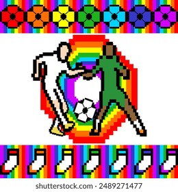 rainbow football, fabric pattern, pixel, cartoon, activity, hobby, symbolic expression, LGBTIQQ, geometric shape, repeat, vector, illustration.