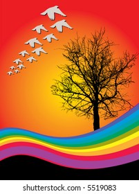 A rainbow foreground with a tree and a flock of birds