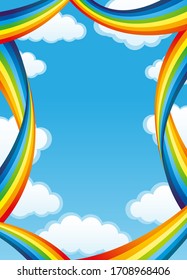 Rainbow frame with clouds on a blue background.