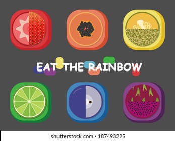 Rainbow fruit-2 Eat the rainbow fruit to keep health and happy life ! strawberry, papaya, hami melon, lemon, grape, dragon fruit